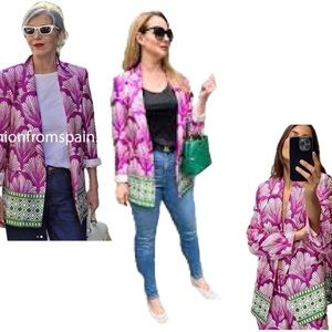 Zara fuchsia purple green printed satin open front long sleeve lapel blazer S